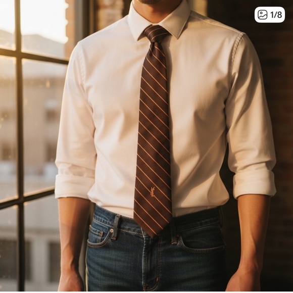 Yves Saint Laurent Burgundy and White Striped Tie